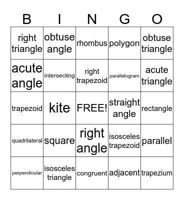 Geometry Vocabulary Bingo Card