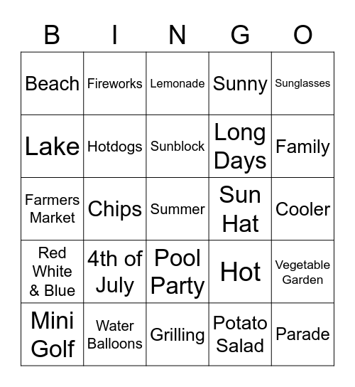 Summer Fun Bingo Card