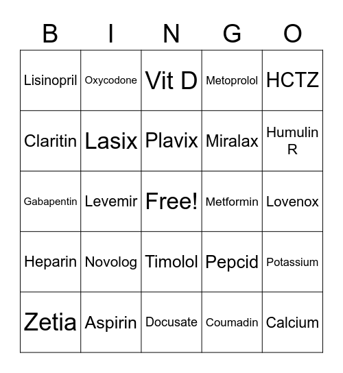Clinical 2 Meds Bingo Card