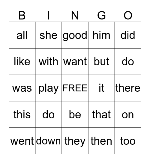 Kinder Sight Word Bingo  Bingo Card