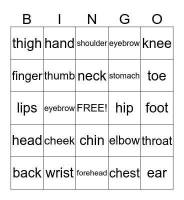 Body Part Bingo Card