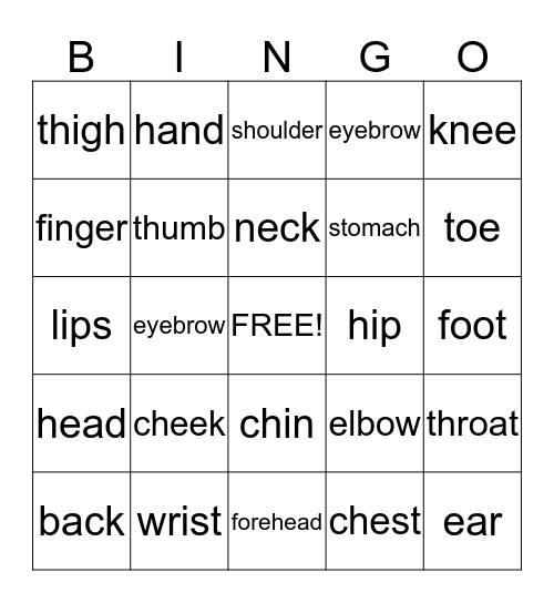 Body Part Bingo Card