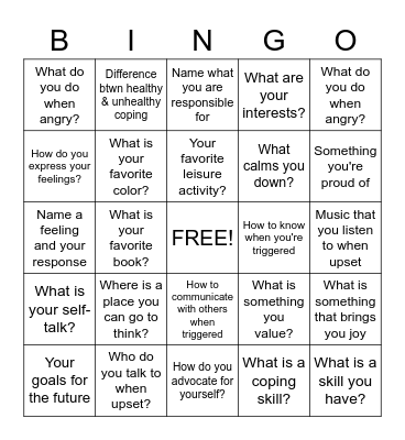 Coping Skills Bingo Card