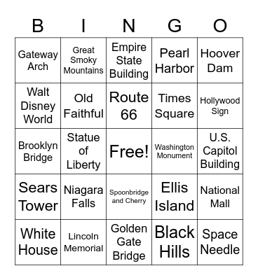 Monument Bingo Card