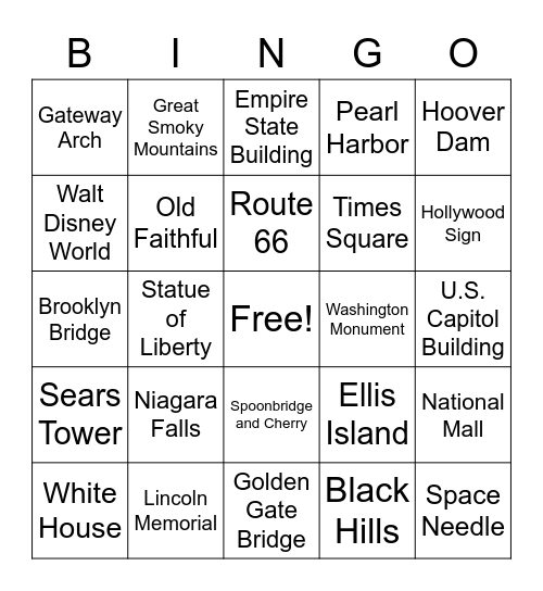 Monument Bingo Card