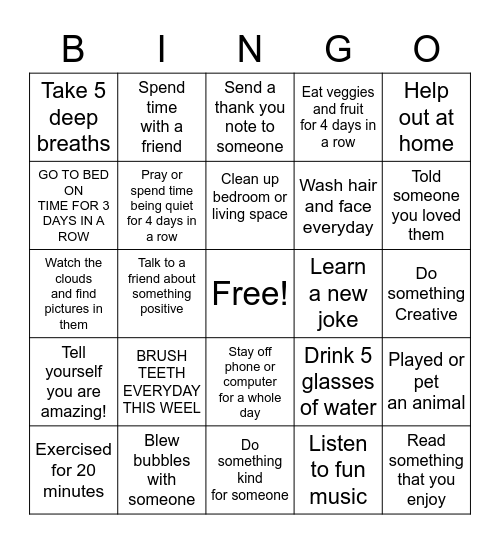 SELF  CARE Bingo Card