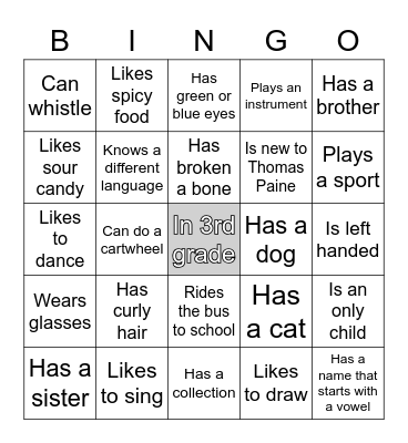 Get to know me bingo Card