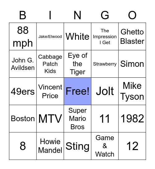 80's Trivia Bingo Card