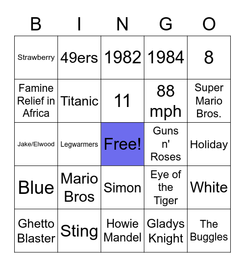 80's Trivia Bingo Card