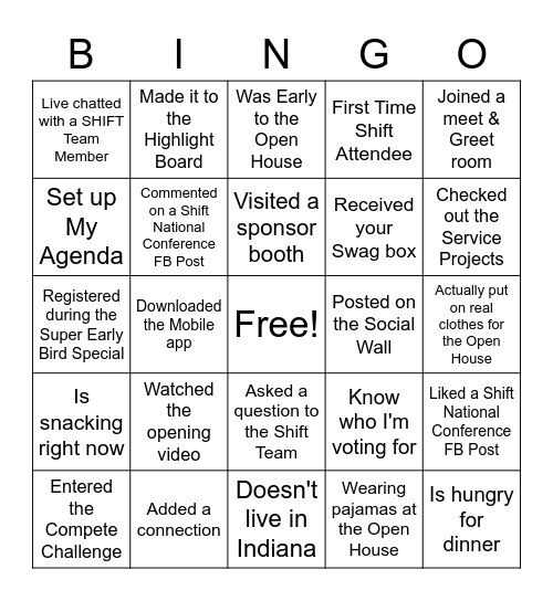 SHIFT OPEN HOUSE Bingo Card