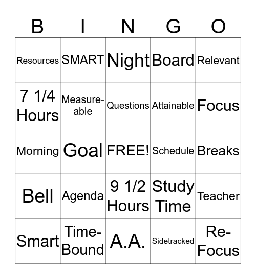 Time Management Bingo Card