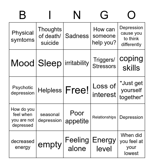 Depression Bingo Card