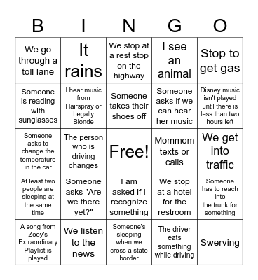 Disney Car Ride Bingo Card