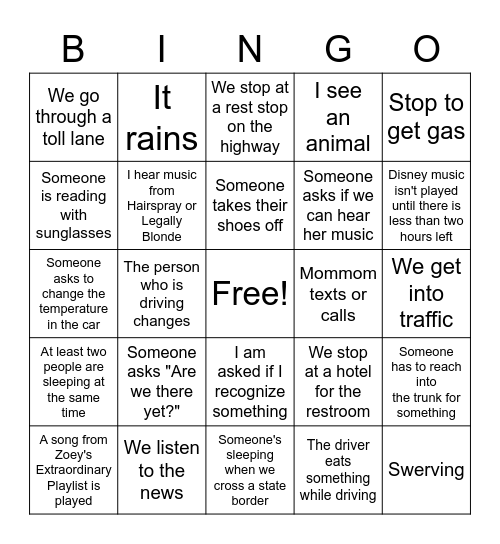 Disney Car Ride Bingo Card