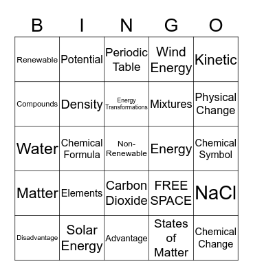 Matter & Energy Bingo Card