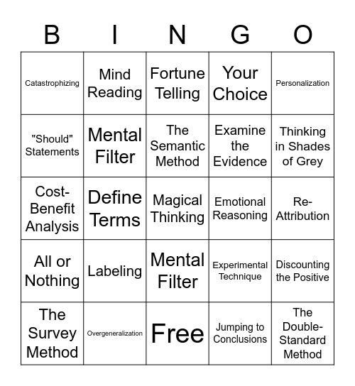 Challenging Cognitive Distortions Bingo Card