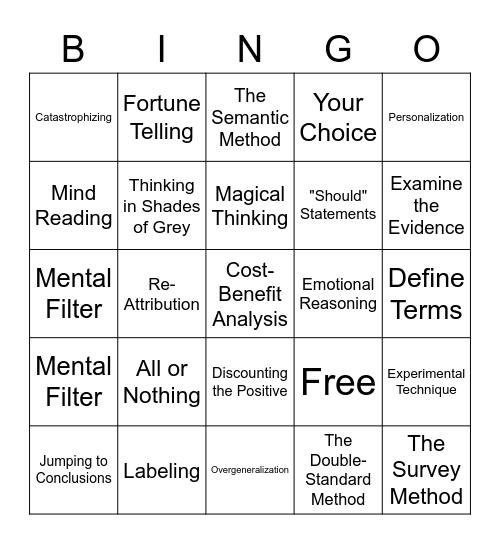 Challenging Cognitive Distortions Bingo Card