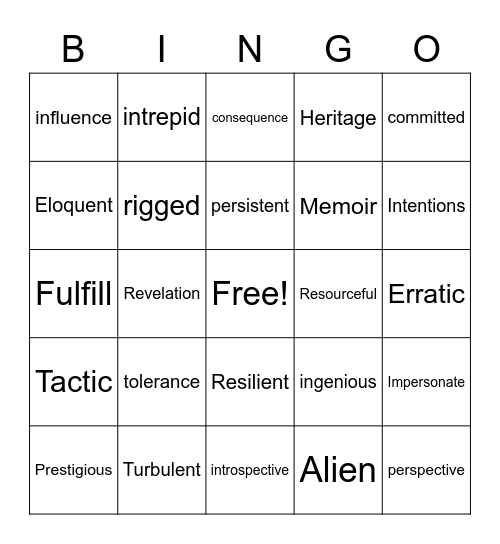 Vocabulary Bingo Card