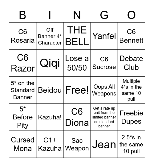 Kazuha Bingo Board Bingo Card