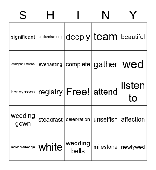 Shiny's Bridal Shower Bingo! Bingo Card