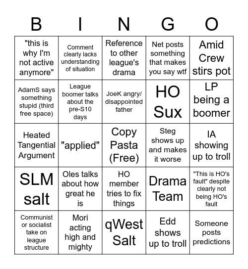 ISFL Drama Bingo Card