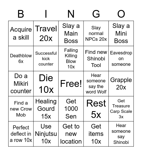 Sekiro Bingo Card