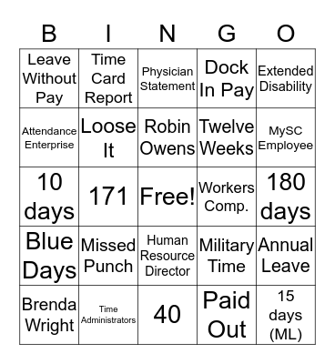 TIME AND LEAVE Bingo Card