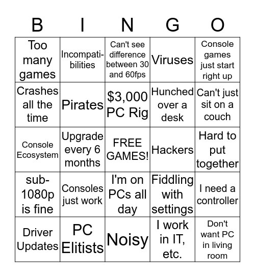 GAF PC Excuses Bingo Card