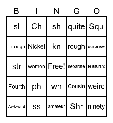 Digraph, Trigraph and Vocab Bingo Card