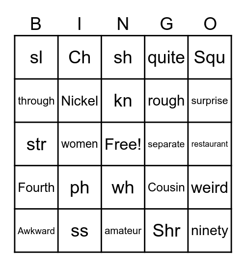 Digraph, Trigraph and Vocab Bingo Card