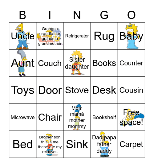 Family my home Bingo Card