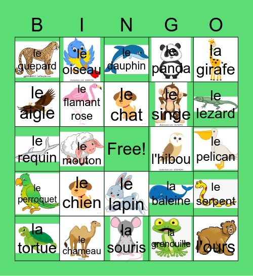 les animaux Bingo Card
