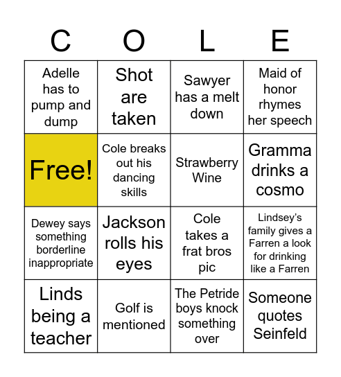 Wedding Bingo Card