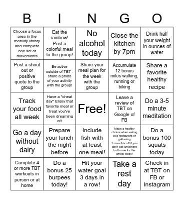 8 Week Transformation Challenge Bingo Card