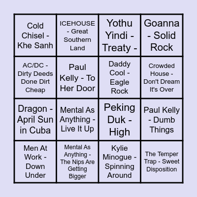 Prince Bingo - Aussie Pub Bangers Bingo Card