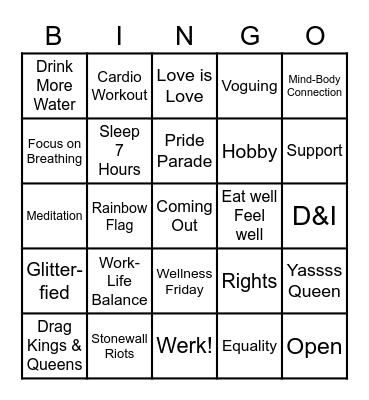 PRIDE & Wellness Bingo Card