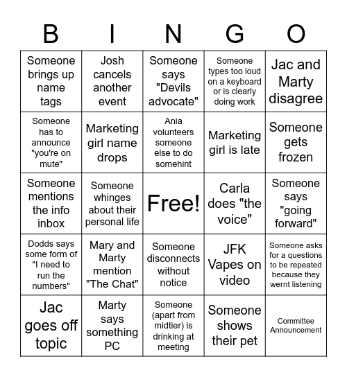 Committee Meeting Bingo Card