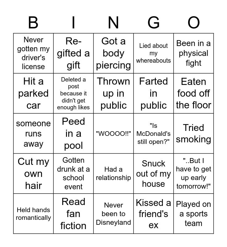 Designated Driver Bingo Card