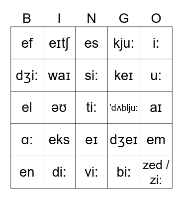 Alphabet Represented Phonetically Bingo Card