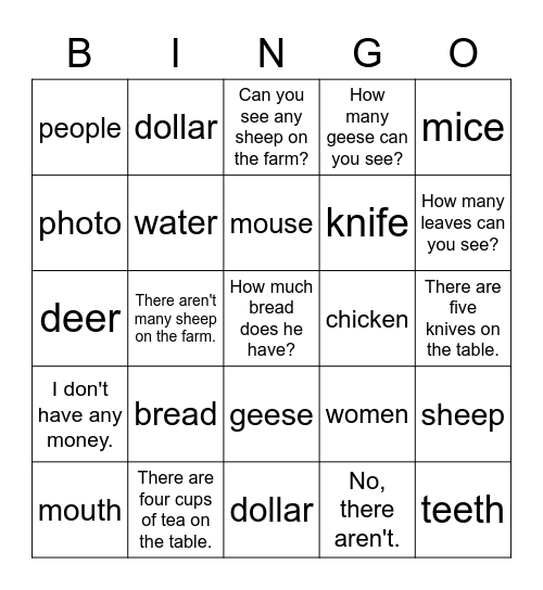 VanThink Grammar 3 Unit 1 Bingo Card