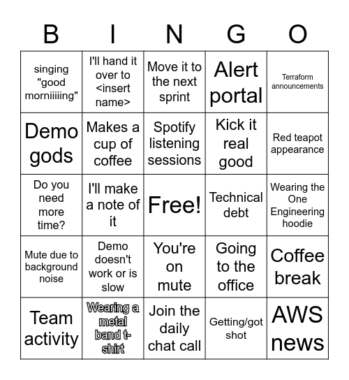 Sprint ceremony day bingo Card