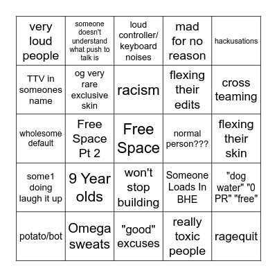 Fortnite Creative Fills Bingo Card