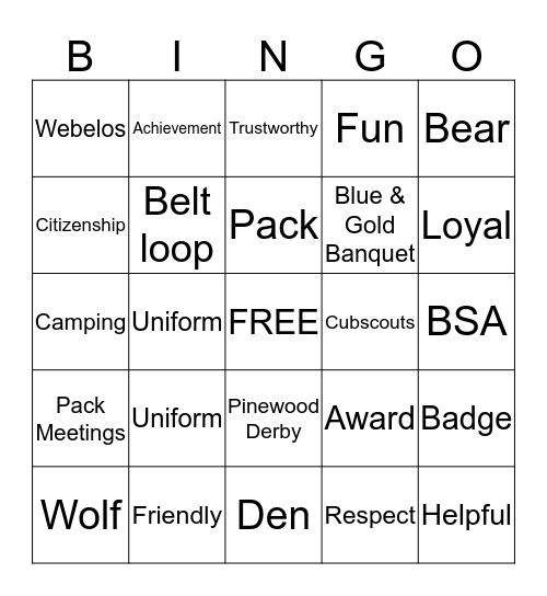 Cubscout Bingo Card