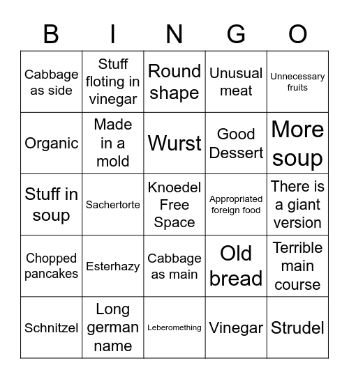Austrian Cousine Bingo Card