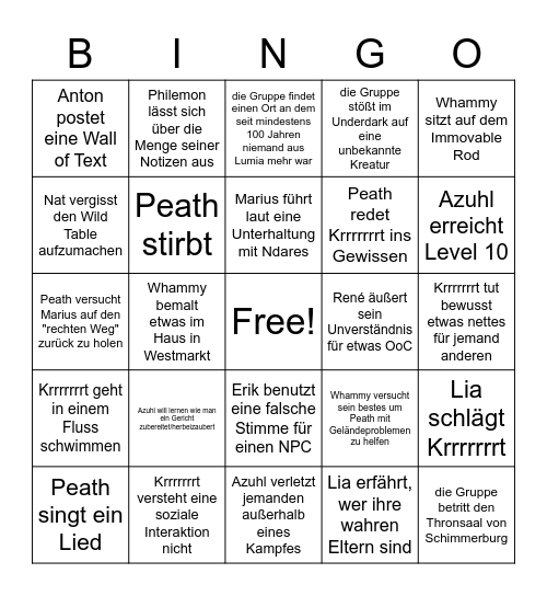 Peath Bingo Card