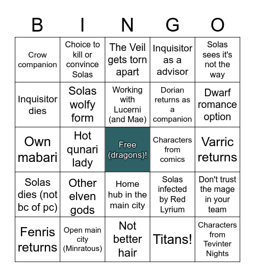 Dwagon Age Fow Bingo Card