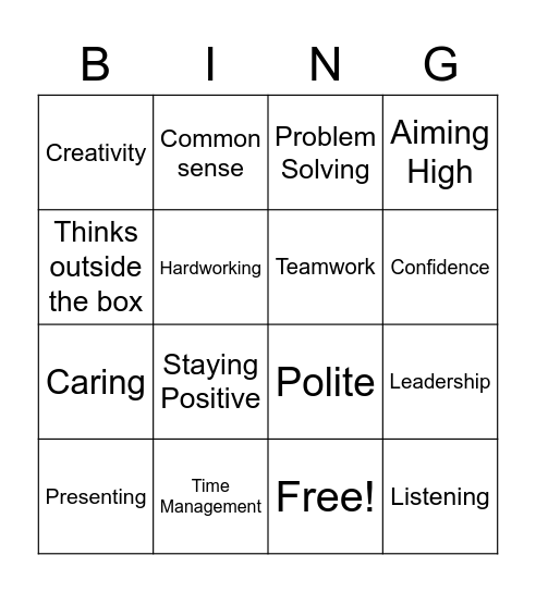 Skills Bingo Card