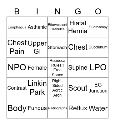 Upper GI Bingo Card