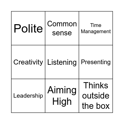 Skills Bingo Card