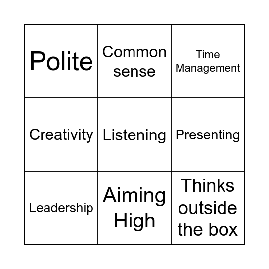 Skills Bingo Card